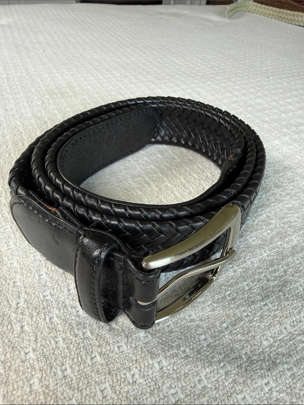 Black leather braided belt with silver buckle size 46